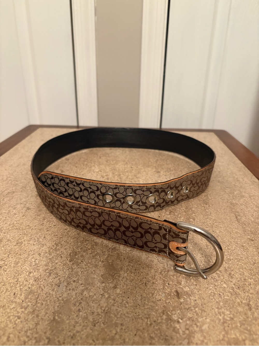 Coach Brown Signature Canvas Belt with Silver Ring Buckle